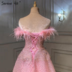 Pink A-Line Luxury Evening Dresses Gowns 2025 Feather Beaded For Women Wedding Party LA70901
