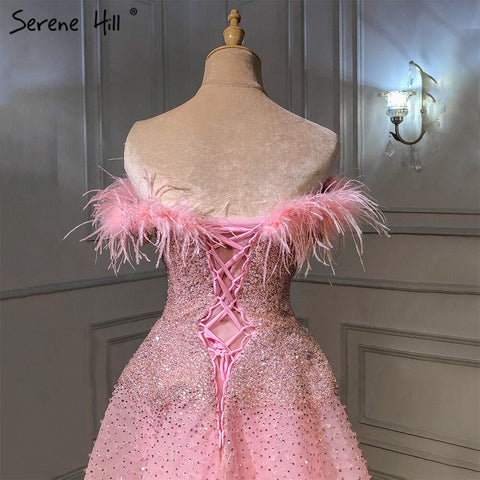 Vestidos de noche de lujo en color rosa, corte A, con plumas y cuentas, para mujer, para boda, fiesta, LA70901 