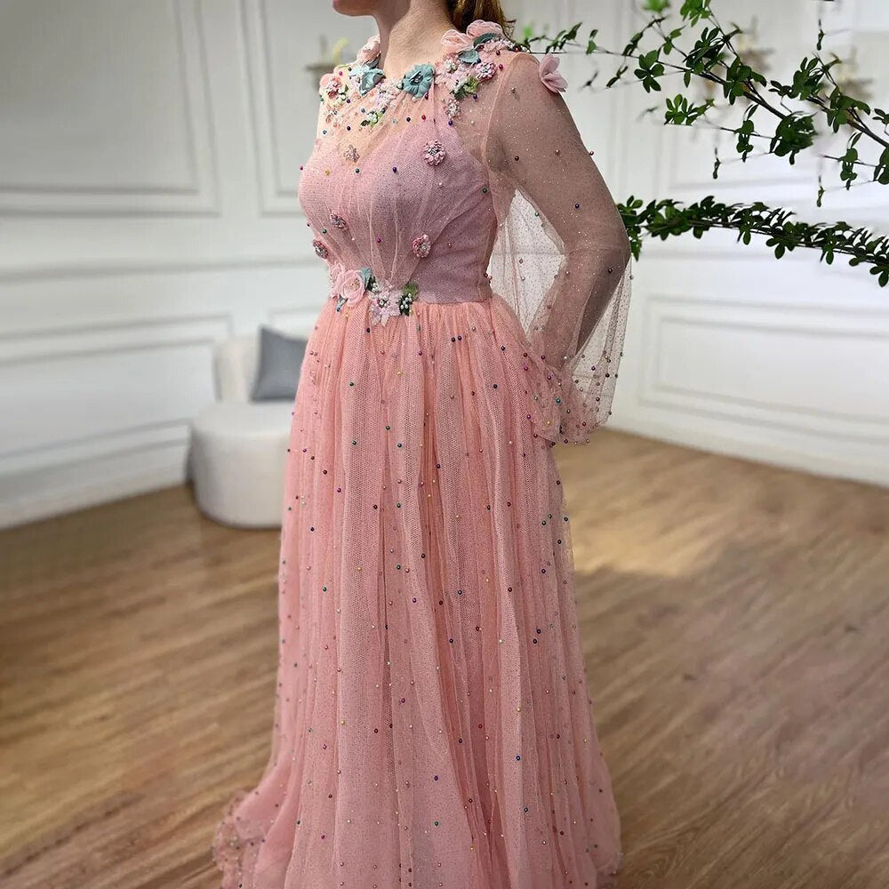 Pink  A Line O Neck Long Sleeve Dubai Evening Dresses Design 2025 Handmade Flowers Pearls Evening Gowns LA60766