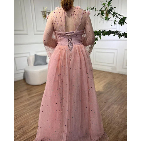 Vestidos de noche Dubái rosas, corte A, cuello redondo, manga larga, diseño 2025, hechos a mano, con flores y perlas, LA60766 