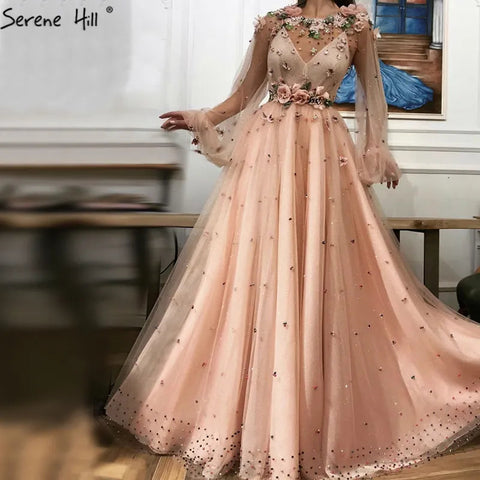 Vestidos de noche Dubái rosas, corte A, cuello redondo, manga larga, diseño 2025, hechos a mano, con flores y perlas, LA60766 