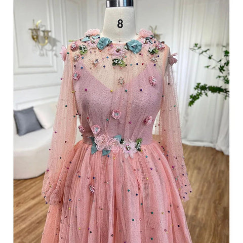Vestidos de noche Dubái rosas, corte A, cuello redondo, manga larga, diseño 2025, hechos a mano, con flores y perlas, LA60766 