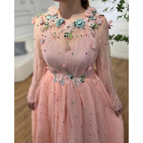 Vestidos de noche Dubái rosas, corte A, cuello redondo, manga larga, diseño 2025, hechos a mano, con flores y perlas, LA60766 