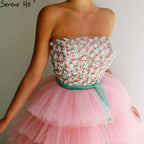 Pink A-Line Sexy Evening Dresses 2025 Sleeveless Beading Tiered Tulle Formal Dress Design LA70701