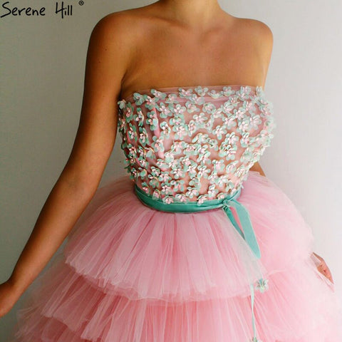 Vestido de noche sexy rosa de corte A, sin mangas, con cuentas y tul escalonado, diseño LA70701 