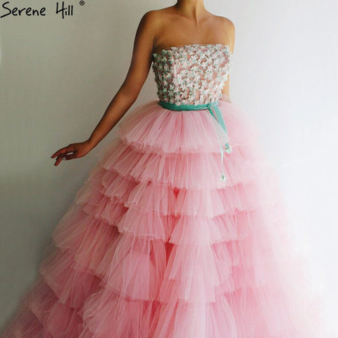 Vestido de noche sexy rosa de corte A, sin mangas, con cuentas y tul escalonado, diseño LA70701 