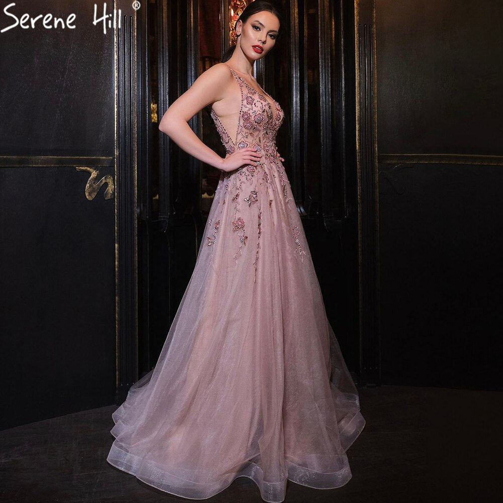 Pink A-Line Sexy Evening Dresses Gowns 2025 Spaghetti Strap Beaded For Women Party LA71268