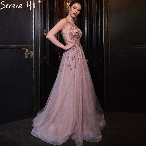 Vestidos de noche sexys de corte A en rosa, con tirantes finos y cuentas, para mujer, para fiesta, LA71268 