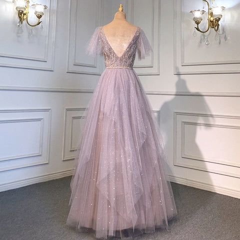 Vestidos de noche rosas, sexys, con escote en V y cuentas, de lujo, largos, para mujer, para boda, fiesta, LA71710 