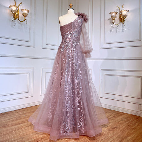 Vestido de noche rosa de lujo con abertura en forma de A, elegante, con cuentas y plumas, de un solo hombro, para mujer, fiesta, LA71689 