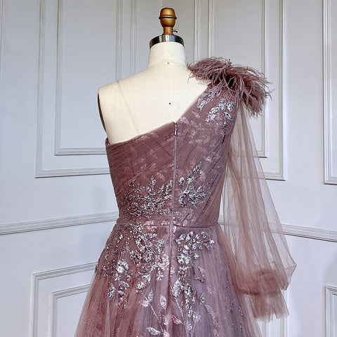 Vestido de noche rosa de lujo con abertura en forma de A, elegante, con cuentas y plumas, de un solo hombro, para mujer, fiesta, LA71689 