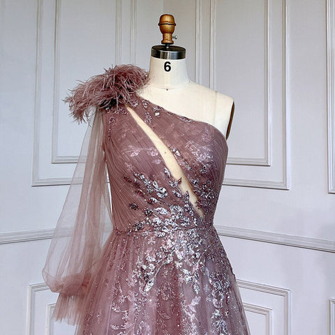 Vestido de noche rosa de lujo con abertura en forma de A, elegante, con cuentas y plumas, de un solo hombro, para mujer, fiesta, LA71689 