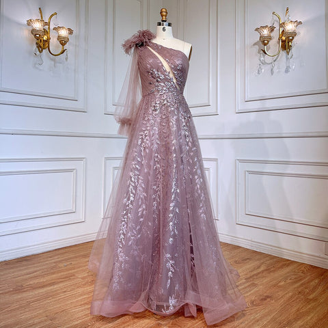 Vestido de noche rosa de lujo con abertura en forma de A, elegante, con cuentas y plumas, de un solo hombro, para mujer, fiesta, LA71689 
