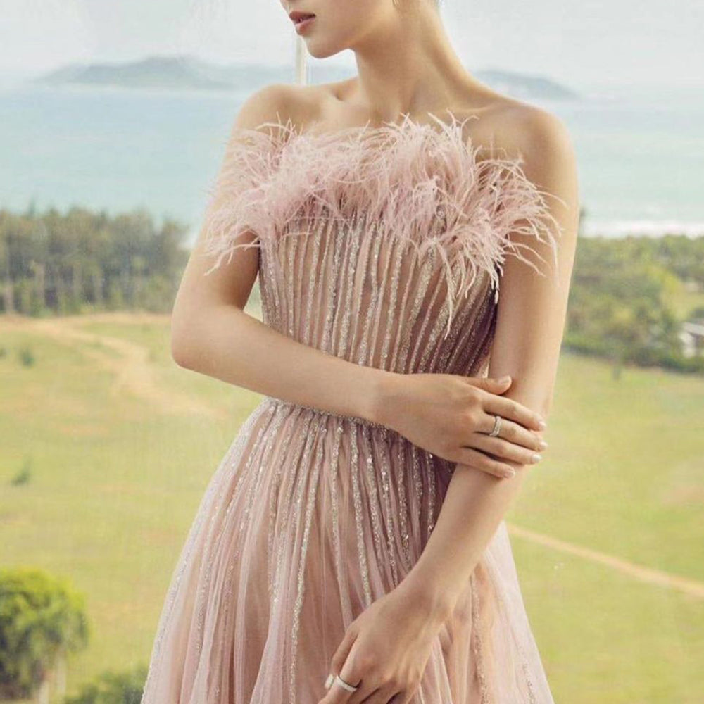 Pink A-Line Strapless Sexy Evening Dresses Gowns 2025 Luxury Feather Beaded For Women Wedding Party LA71646