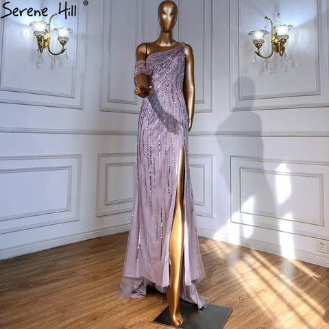 Vestido de noche rosa árabe, corte A, sexy, con abertura alta y un hombro, con cuentas, de lujo, para mujer, fiesta, LA71241 