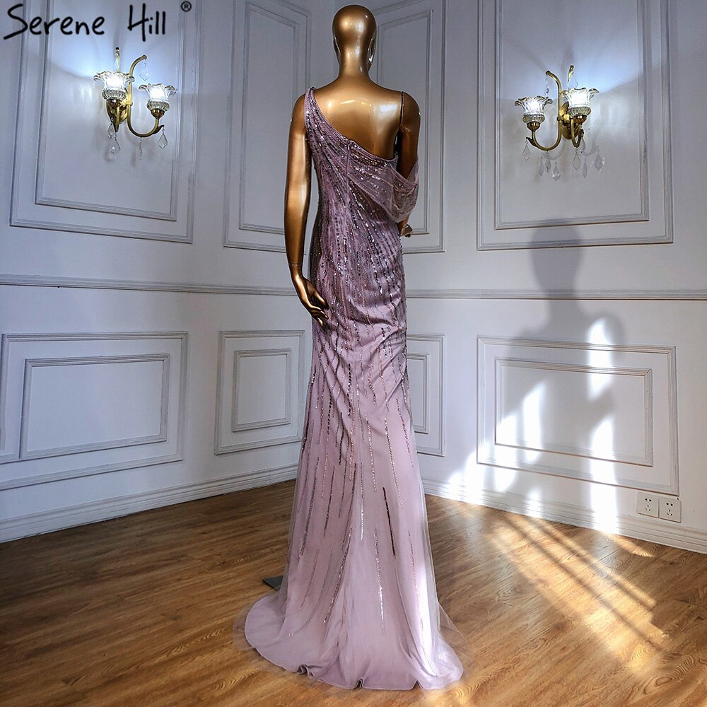 Pink Arabic A-Line Sexy High Split One Shoulder Evening Dresses Gowns Beaded Luxury 2025 For Women Party LA71241