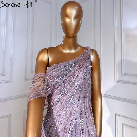 Vestido de noche rosa árabe, corte A, sexy, con abertura alta y un hombro, con cuentas, de lujo, para mujer, fiesta, LA71241 