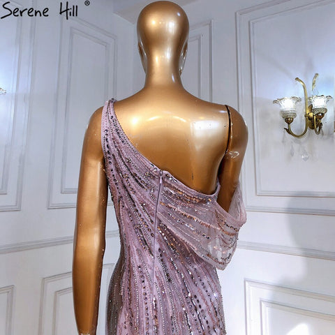 Vestido de noche rosa árabe, corte A, sexy, con abertura alta y un hombro, con cuentas, de lujo, para mujer, fiesta, LA71241 