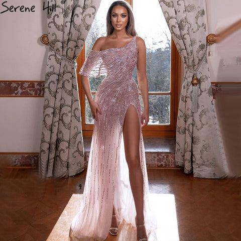 Vestido de noche rosa árabe, corte A, sexy, con abertura alta y un hombro, con cuentas, de lujo, para mujer, fiesta, LA71241 