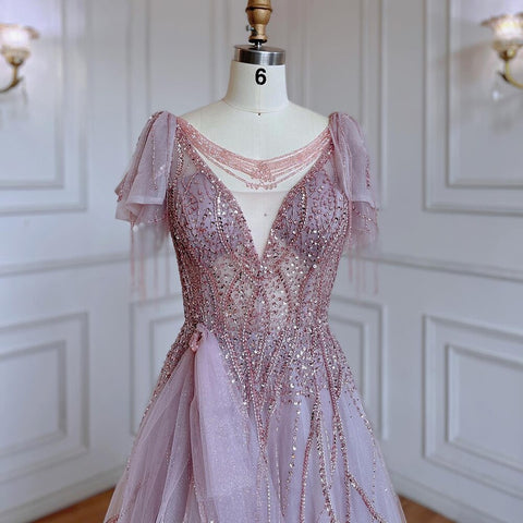 Vestidos de fiesta elegantes con borlas árabes rosas, corte A y cuentas, para fiesta de graduación, 2025, para niñas, LA72066 