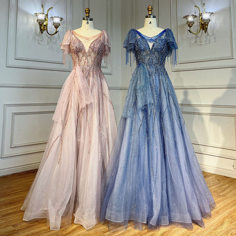 Vestidos de fiesta elegantes con borlas árabes rosas, corte A y cuentas, para fiesta de graduación, 2025, para niñas, LA72066 