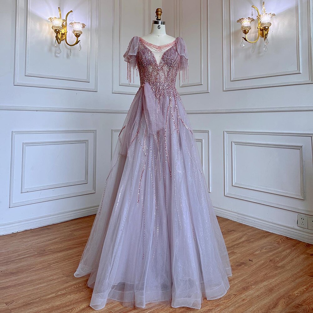 Pink Arabic Tassel A-line Beaded Prom Dresses Elegant Graduation Party Evening Gowns 2025 For Girls LA72066
