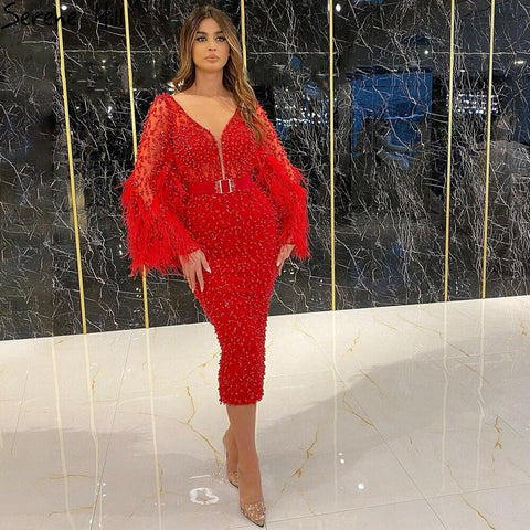 Vestidos de noche con plumas y cuentas rosas, corte sirena, elegantes, largos hasta la rodilla, para mujer, fiesta, LA71205 