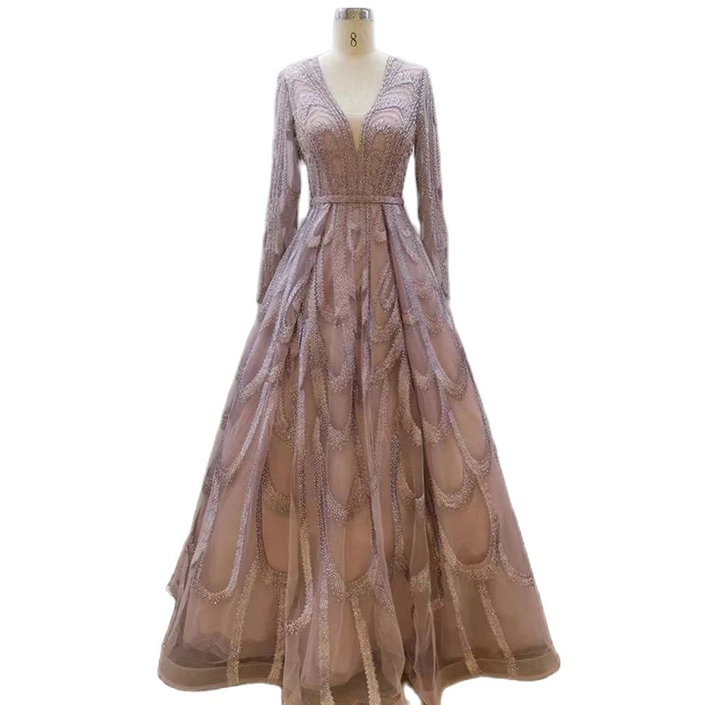 Pink Beaded Muslim Evening Dresses Gowns 2025 Luxury A-Line Puff Sleeve For Women Party LA71758