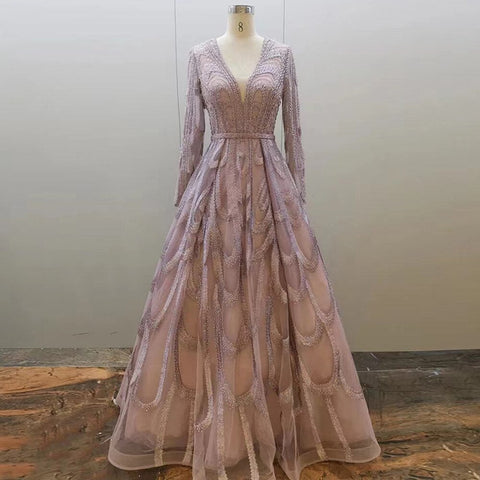 Vestidos de noche musulmanes con cuentas rosas, vestidos de lujo 2025, corte A, mangas abullonadas para mujer, fiesta LA71758 