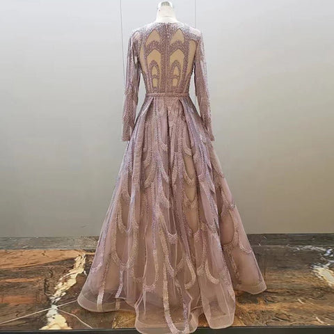 Vestidos de noche musulmanes con cuentas rosas, vestidos de lujo 2025, corte A, mangas abullonadas para mujer, fiesta LA71758 