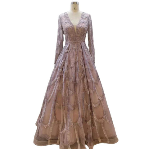 Vestidos de noche musulmanes con cuentas rosas, vestidos de lujo 2025, corte A, mangas abullonadas para mujer, fiesta LA71758 