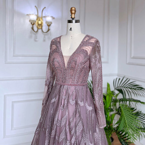 Vestidos de noche musulmanes con cuentas rosas, vestidos de lujo 2025, corte A, mangas abullonadas para mujer, fiesta LA71758 