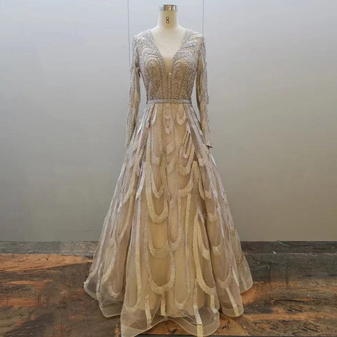 Vestidos de noche musulmanes con cuentas rosas, vestidos de lujo 2025, corte A, mangas abullonadas para mujer, fiesta LA71758 