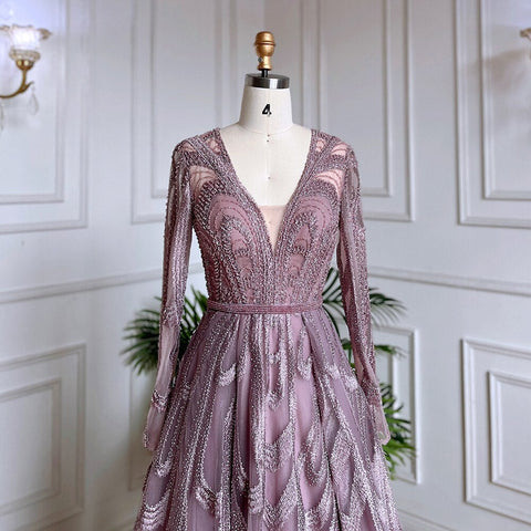 Vestidos de noche musulmanes con cuentas rosas, vestidos de lujo 2025, corte A, mangas abullonadas para mujer, fiesta LA71758 