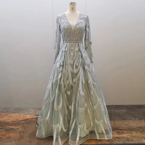 Vestidos de noche musulmanes con cuentas rosas, vestidos de lujo 2025, corte A, mangas abullonadas para mujer, fiesta LA71758 