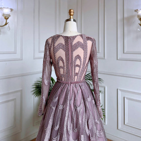 Vestidos de noche musulmanes con cuentas rosas, vestidos de lujo 2025, corte A, mangas abullonadas para mujer, fiesta LA71758 