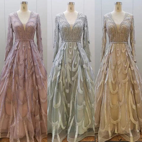 Vestidos de noche musulmanes con cuentas rosas, vestidos de lujo 2025, corte A, mangas abullonadas para mujer, fiesta LA71758 