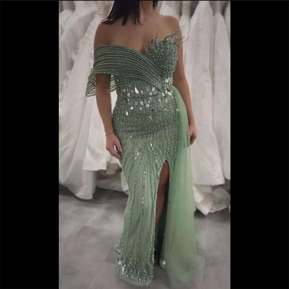 Pink Beaded One-Shoulder Mermaid Evening Gown with Slit and Tulle Detail for Formal Occasion LA72888 2025
