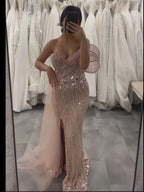 Pink Beaded One-Shoulder Mermaid Evening Gown with Slit and Tulle Detail for Formal Occasion LA72888 2025