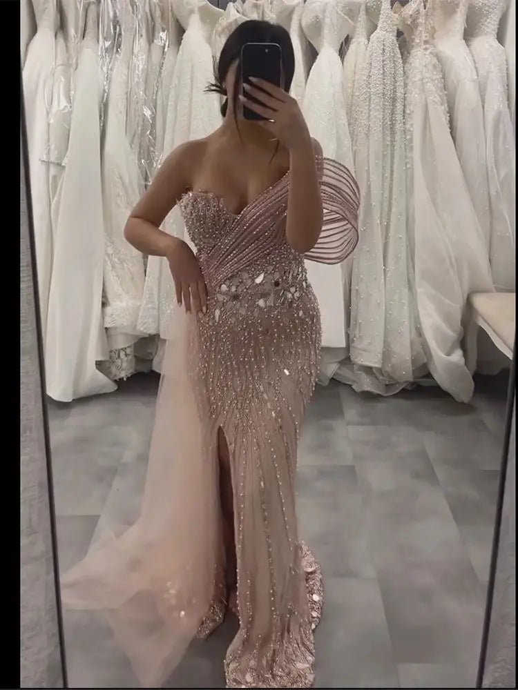 Pink Beaded One-Shoulder Mermaid Evening Gown with Slit and Tulle Detail for Formal Occasion LA72888 2025