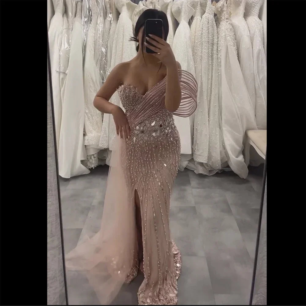 Pink Beaded One-Shoulder Mermaid Evening Gown with Slit and Tulle Detail for Formal Occasion LA72888 2025