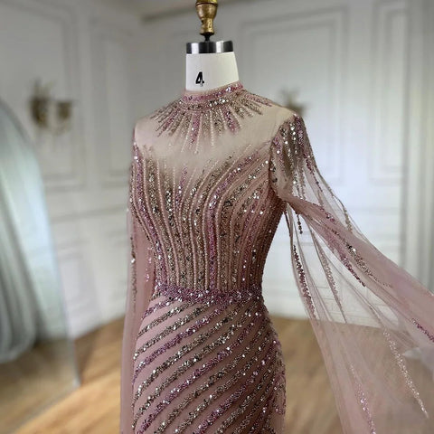 Vestido de noche largo de lujo estilo Dubái con mangas abullonadas y corte sirena, color rosa, para mujer, para boda, fiesta, 2025, LA72449 