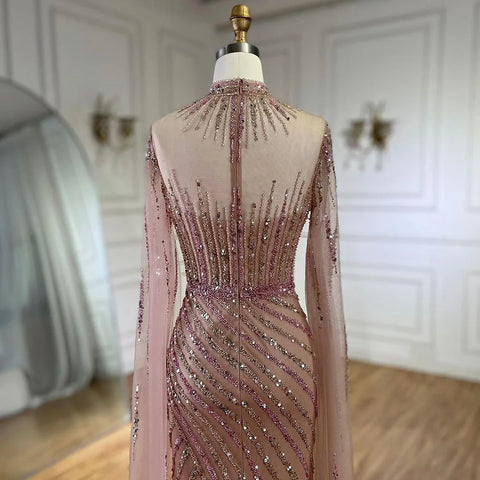 Vestido de noche largo de lujo estilo Dubái con mangas abullonadas y corte sirena, color rosa, para mujer, para boda, fiesta, 2025, LA72449 