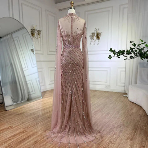 Vestido de noche largo de lujo estilo Dubái con mangas abullonadas y corte sirena, color rosa, para mujer, para boda, fiesta, 2025, LA72449 