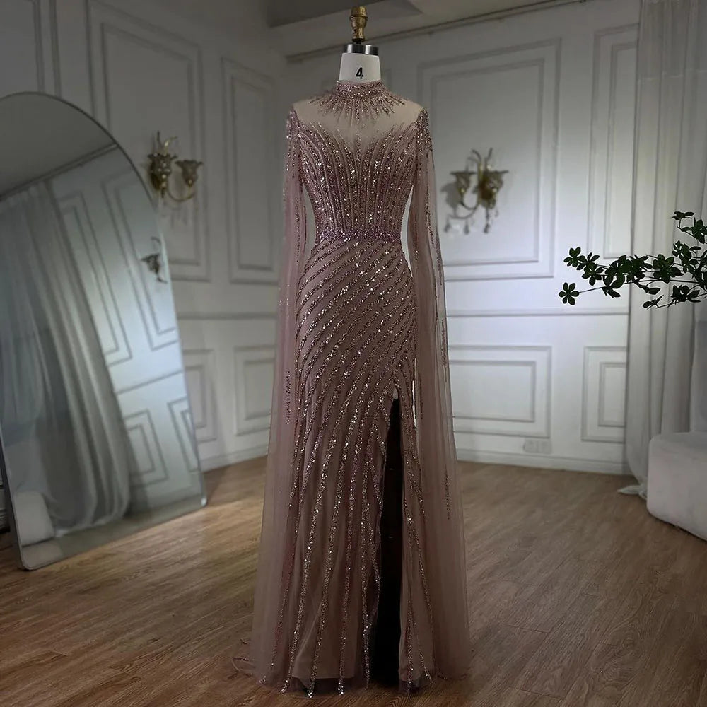 Pink Cape Sleeves Mermaid Split Beaded Luxury Dubai Long Evening Dresses Gowns for Women Wedding Party 2025 LA72449