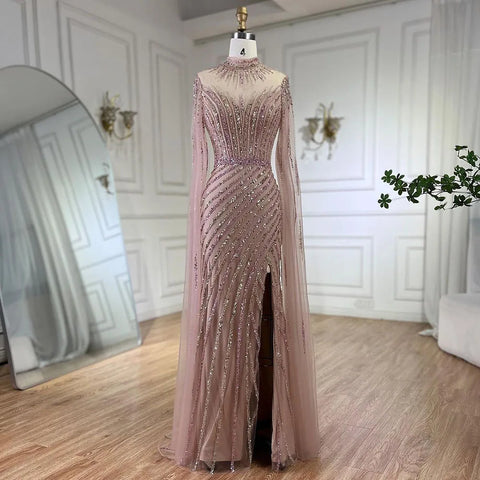 Vestido de noche largo de lujo estilo Dubái con mangas abullonadas y corte sirena, color rosa, para mujer, para boda, fiesta, 2025, LA72449 