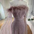 Pink Cape Sleeves Mermaid yellow Evening Dresses Gowns Luxury Beaded Feathers For Women Wedding Party 2025 LA72169A
