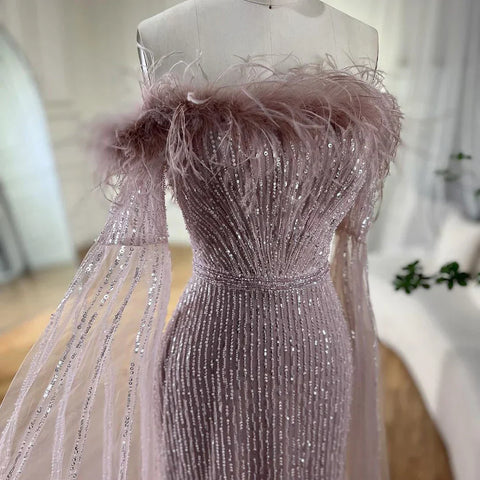 Vestido de noche de sirena amarillo con mangas estilo capa rosa, de lujo, con cuentas y plumas, para mujer, para fiesta de bodas 2025 LA72169A 