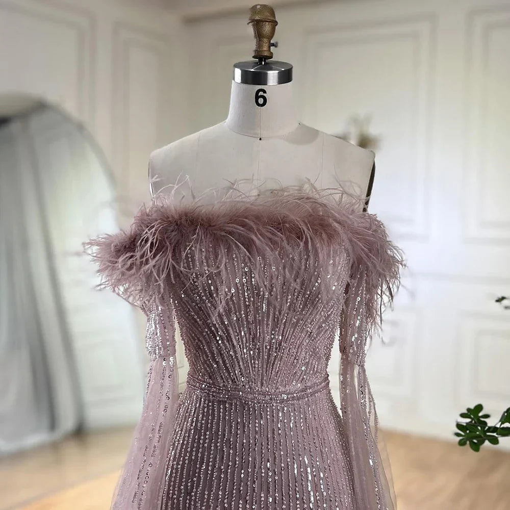 Pink Cape Sleeves Mermaid yellow Evening Dresses Gowns Luxury Beaded Feathers For Women Wedding Party 2025 LA72169A