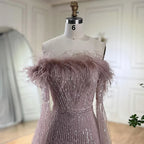 Pink Cape Sleeves Mermaid yellow Evening Dresses Gowns Luxury Beaded Feathers For Women Wedding Party 2025 LA72169A